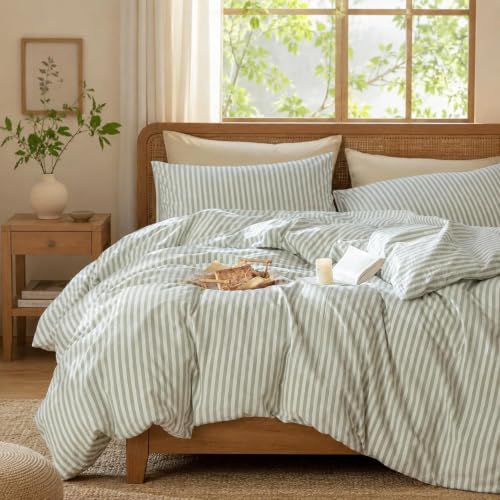 Lanqinglv Bettwäsche 200x200 Baumwolle Gestreift Grün Weiß,Streifen Muster