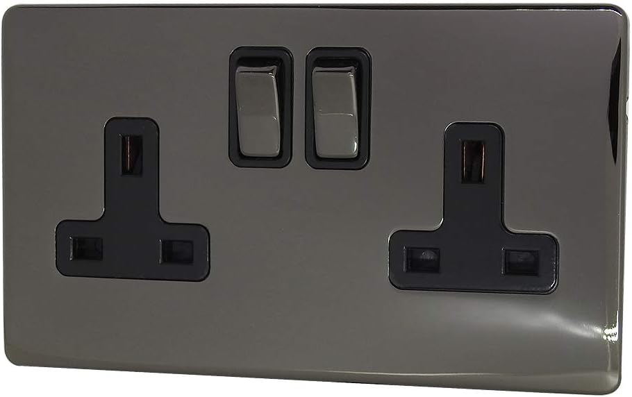 Discount Electrix 2 Gang Plug Socket Black Nickel Screwless Flat Plate Design with Black Insert