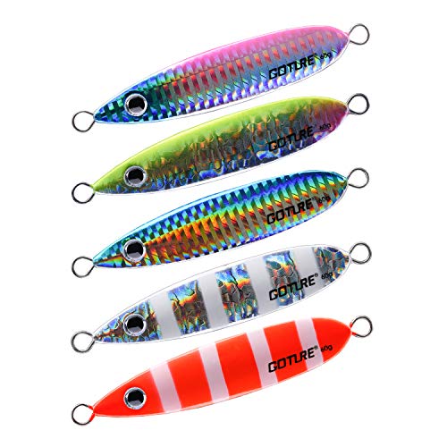 Goture Vertical Jigs Fishing Lure Metal Spoons with Feather Treble Hooks Saltwater Jigging Bait (Multi Colors (Pack of 5), 2.12oz)