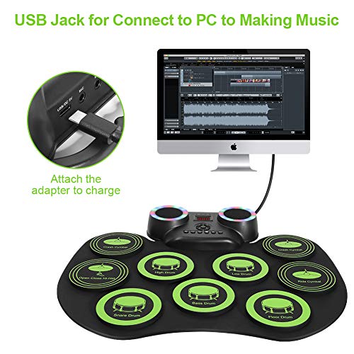 VOLADOR Electronic Drum Set, 9 Pads Roll Up Electric Drum Kit With Bluetooth, 2 Built-in Speaker, Headphone Jack, Portable Digital Midi Practice Drum Pad for Kids Beginners