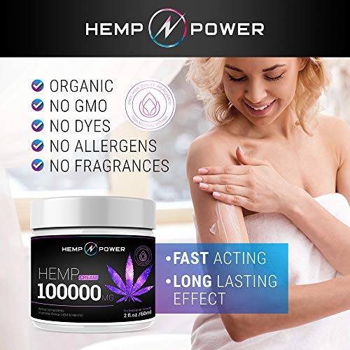 Hemp Power Pain Relief Cream - 100 000MG - Relieves Muscle, Joint Pain, Lower Back Pain, Knees, and Fingers - Inflammation - Hemp Extract Remedy - Hemp Oil with MSM - Arnica 2fl oz