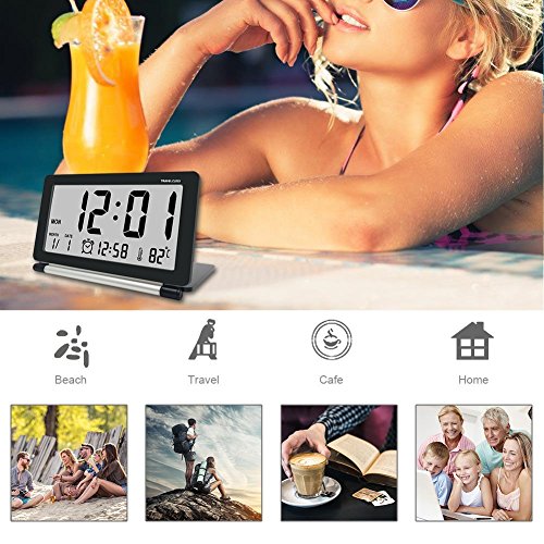 Travel Clock,Electronic Alarm Clock,Morning Clock,econoLED Portable Digital Clock with Calendar Date Time Calendar Temperature Display, Snooze, Folding Black - Battery Included - Thumbnail 4
