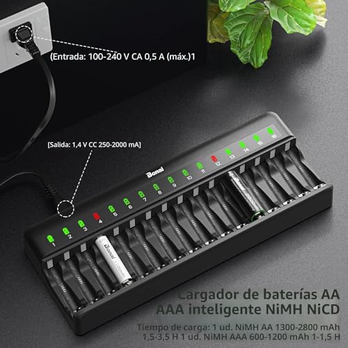 BONAI 16 Slots Battery Charger, Battery Charger for AA and AAA Ni-MH Rechargeable Batteries with Smart and Independent Charging, LED Indicator, Batteries Not Included - Black