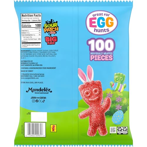 SOUR PATCH KIDS BIG KIDS INDIVIDUALLY WRAPPED SOFT & CHEWY CANDY, EASTER CANDY, BULK CANDY, 1 BAG (100 PIECES)