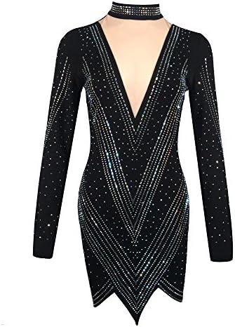 Tina Beauty Turtle Neck Long Sleeve Mesh Insert Rhinestone Beaded Mini Bodycon Dress Medium