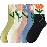 CazDopaM 5 Pairs Womens Cute Crew Socks for Women and Girlsfloral socks women Flower Socks for Sports and Daily Wear