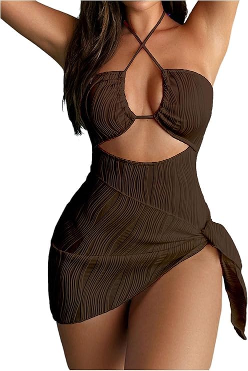 Photo 1 of SKAYS Womens One Piece Swimsuit Texture Hollow Out Halter Neck Solid Color Bathing Suit with Cover-Up 2-Piece Sets Swimwear Brown S