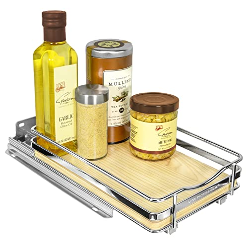 LYNK PROFESSIONAL® Élite™ Pull Out Spice Rack Organizer for Inside Kitchen Cabinets - 6-3/8 inch Wide - Slide Out Drawer – Wood/Chrome Sliding Spice Cabinet Organization Shelf Racks - 1 Tier