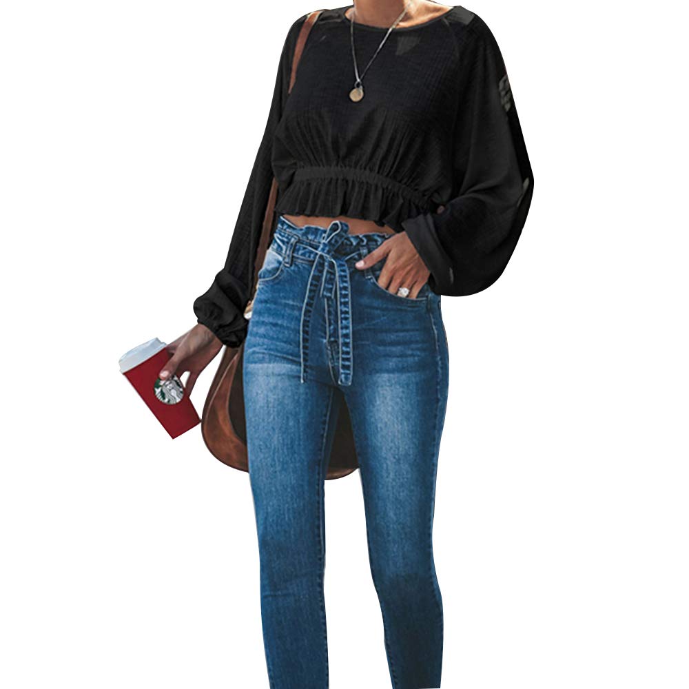 Pevor Womens R-Neck Casual Tops High-Waist Blouse with Flounce Long Dolman Sleeve Loose Shirts (S, Black)