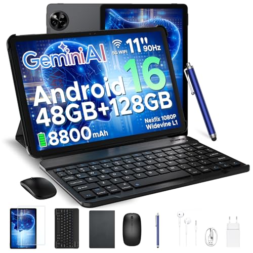 POPUX P11 Android Tablet 16, 11 Inch Tablet with 48GB RAM + 128GB ROM/TF 2TB, T7250 Tablet with Keyboard, 90Hz Display, 8800mAh, Gemini AI, Widevine L1, Face ID, WiFi5, Pen, Keyboard, Black