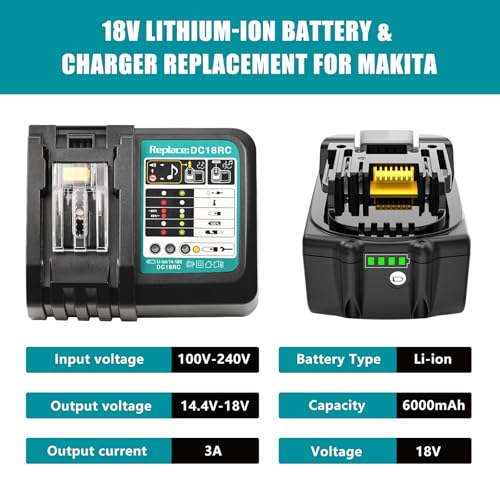 Leyootoolelec Replacement Battery for Makita 18V: 2-Packs 6.0Ah Lithium-ion Batteries Compatible BL1860B BL1850B BL1840B BL1860 BL1850 - with DC18RC Charger for Makita 18V Batteries
