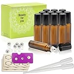 Mavogel 12-Piece 10ml Amber Glass Roll on Bottles with Stainless Steel Roller Ball, 6 Extra Roller Ball, 18-Piece Labels, Opener and 3ml Dropper for Essential Oils