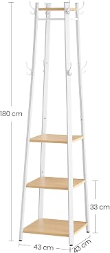 VASAGLE Coat Stand 8 Double Hooks 4 Shelves Metal Frame Oak White LCR080W09 view 7