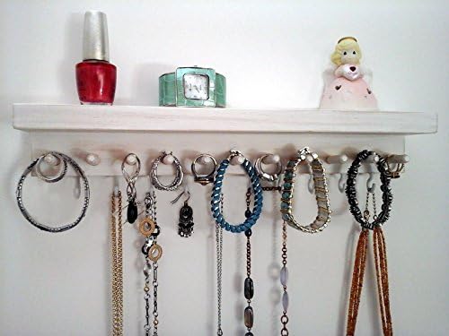 Jewelry Holder Wall Mount Jewelry Organizer with Shelf. Necklace Holder, Earring Holder, Bracelet, Bangle, Ring Holder. Weathered White Wood. Hardwood Pegs and Vinyl Coated Hooks.