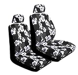Set of 2 Universal Fit Hawaiian Low Back Front Bucket Seat Cover With Separate Headrest Cover for Seats - Charcoal Hawaii Hibiscus Floral Print
