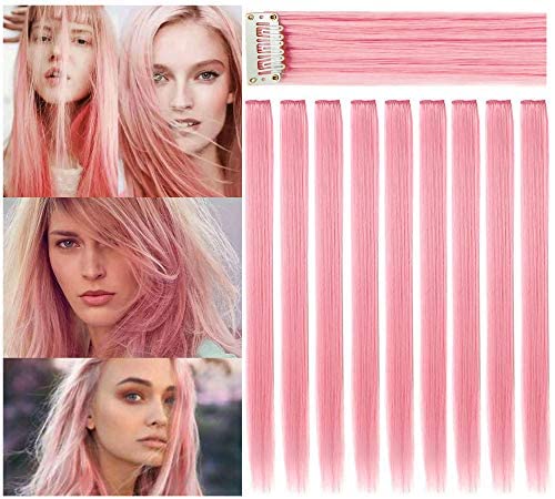 IAMERUI Multicolors Party Highlights Straight Hair Colorful Clip in Synthetic Hair Extensions in Multiple Colors Heat Resistant Long Hairpiece (Smoky Pink)