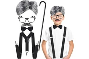 KAVOC Old Man Costume Kit Include Grandpa Grey Wig Beard Eyebrows Glasses Bow Tie Suspenders Cane for 100 Day of School Dress Up