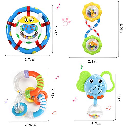 GRACEON Baby Rattles Teether Toy | Set for Newborns & Infant Developmental Hand Grip Baby Toys | Cute Animal with Sound for 3 6 9 12 Months and Newborn Gift| Perfect for Boys and Girls (4 Pack)