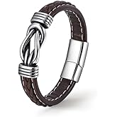 Udefw Infinity Bracelet for men,Men's Braided Leather Bracelet with Stainless Steel Knot Design, Brown/Black Woven Leather Bangle with Secure Clasp, Vintage - Style Wrist Jewelry for Daily Wear