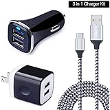 USB Type C Car Charger, Wall Charger, HUHUTA 2.1A Dual Port Charging Block Adapter Nylon Braided USB C Cable 6ft for ZTE Axon 7, Samsung S8, LG G6 G5, Google Pixel, Nexus 6p 5X, ChromeBook, Moto Z