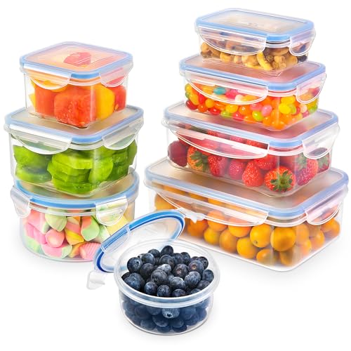 YASHE Food Box Set, 16 Pieces (8 Containers, 8 Lids), Airtight Reusable Plastic Food Boxes, BPA Free, 100% Leakproof