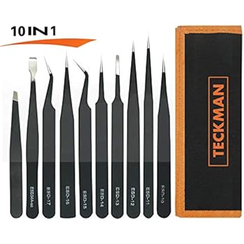 TECKMAN Precision Tweezer Set,10 Pack Best ESD Tweezers Set Stainless Steel Long Tweezers with Curved,Pointed,Slanted Tips for Eyebrow,Eyelash Extension,Craft, Jewelry, Soldering & Laboratory Work