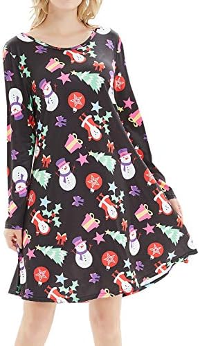 Dutebare Women Christmas Long Sleeve Dresses Santa Claus Flowy A-Line Tunic Dress