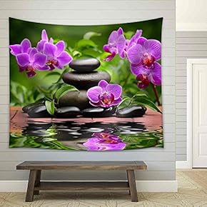 Zen Basalt Stones and Orchid - Fabric Wall Tapestry Home Decor - 51x60 inches