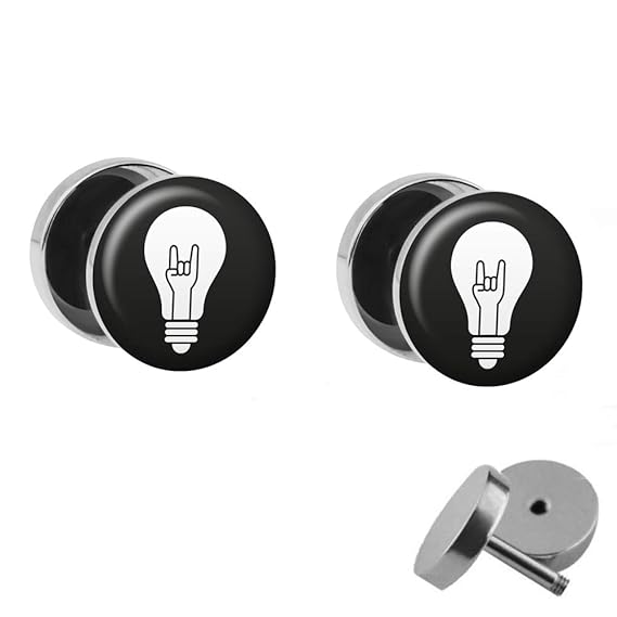 Treuheld® | Set - Glühbirne mit Rock'n'ROLL Hand - 2 Ohrstecker zum Schrauben - SCHWARZ-WEIßE Fake Plugs - Ø 10mm - Ohrringe 