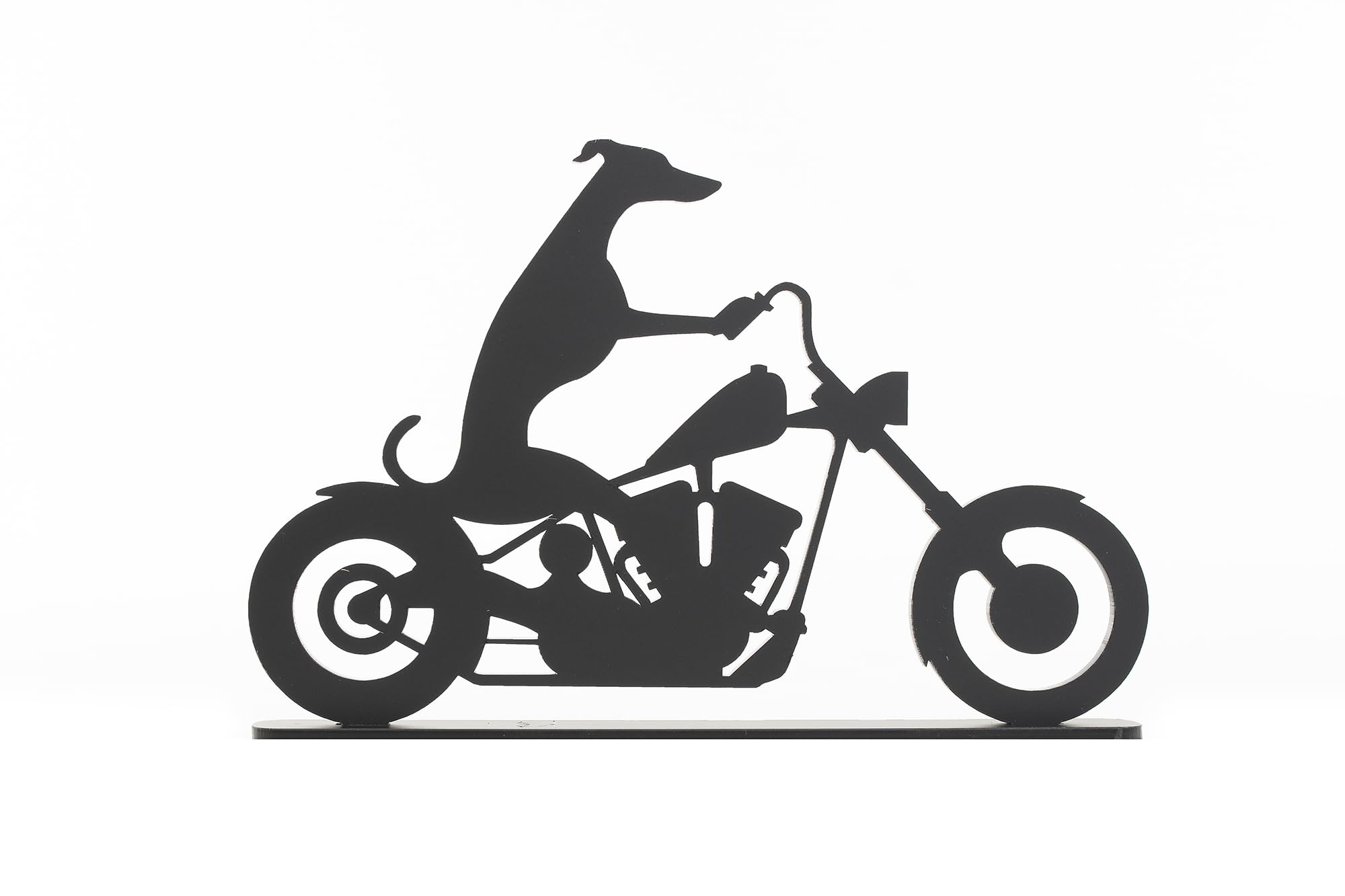 Acrylic Whippet/Greyhound Silhouette Ornaments, Whippet on wheels! Laser-Cut matte black acrylic (Motorbike 4 acrylic)