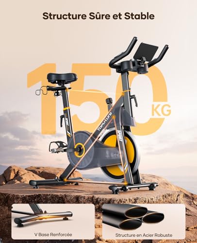 TOPUTURE Exercise Bike, Quiet Exercise Bike with 32 Levels Electric Magnetic Resistance, Premium Touch Screen with App and Heart Sensor, Dumbbell Support, Capacity 150kg