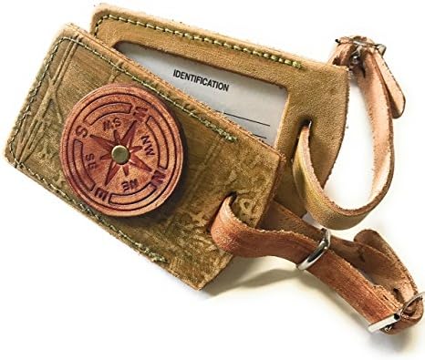 Rustic Riveted Compass Rose Tan Green Leather Luggage Tag
