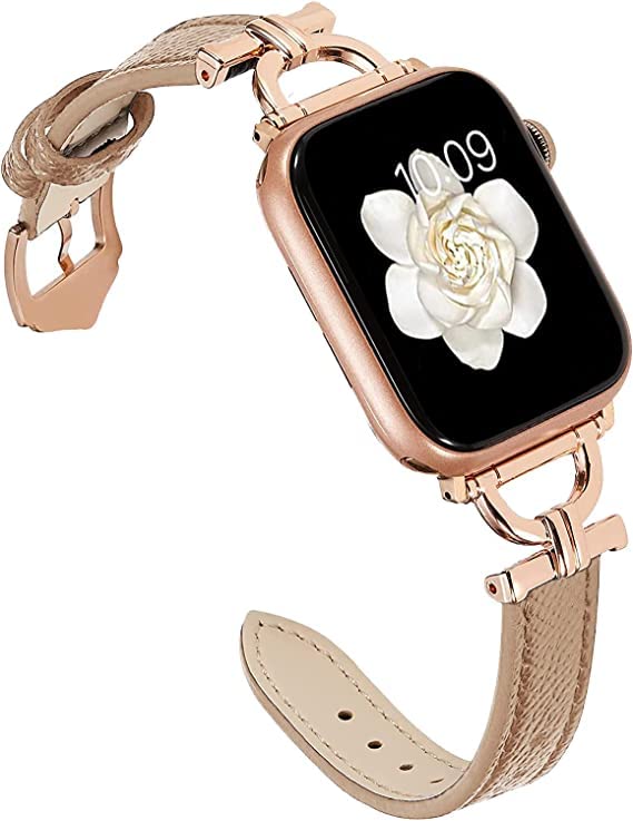Miimall for Apple Watch 49mm/45mm/44mm/42mm Leather Strap, Slim Band with Metal D-Shaped Strap Connector, Replacement Bracelet for iWatch Ultra 2/Ultra, Series 9 8 7 6 5 4 3 2 1 SE, Earth Tone