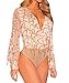 Shawhuwa Womens Sexy Sheer V Neck Sequins Long Sleeve Bodysuit Tops S Apricot
