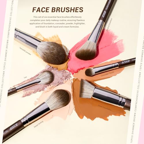 Jessup T498 15-Piece Professional Makeup Brush Set for Foundation Powder, Concealer, Eyebrows, Eyeshadow, Contour, Eyeliner, Blending Eyeshadow Brush, Brown