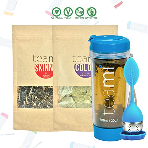 30 Day Detox Tea Kit for Teatox & Weight Loss to get a Skinny Tummy by Teami Blends | Our Best Colon Cleanse Blend to Raise Energy, Boost Metabolism, Reduce Bloating! (Big Blue Tumbler & Infuser)