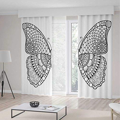 Iprint Henna Decor Curtains Black And White Butterfly Design With