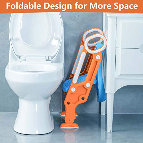 Potty Training Toilet Seat with Step Stool Ladder for Boy and Girl Baby Toddler Kid Children Toilet Training Seat Chair with Padded Seat Non-Slip Wide Step (Blue Orange Upgrade) - Thumbnail 5