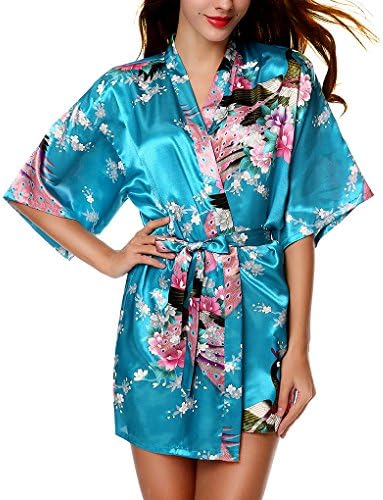 Miimo R001 Women's Kimono Robe Nightgown Short Style - Peacock &amp; Blossoms (XXL, Sky blue)