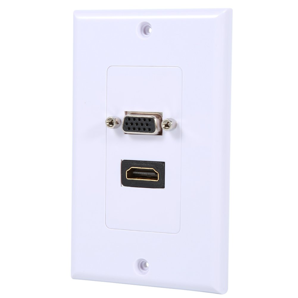 C,Recher-R 1 Port HDMI Female + 1 Port VGA Female AV Wall Outlet Video Socket Face Connector Plate White