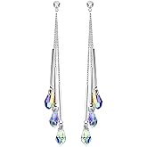 Savlano 14k White Gold Plated Aurora Borealis Drop Tear Cut Austrian Rainbow Multicolor Crystal Tear Drop Cut Stud Dangle Earrings For Women