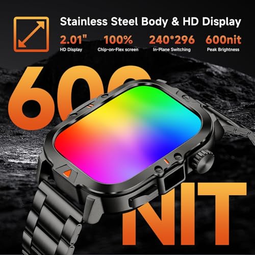 Uniiking® Military Smart Watches for Men, 2.01" Rugged Tactical Smartwatch with LED Strong Light, 400mAh, IP68 Waterproof Fitness Tracker with Compass, 100+ Sports Modes for Android iOS (2 Straps)