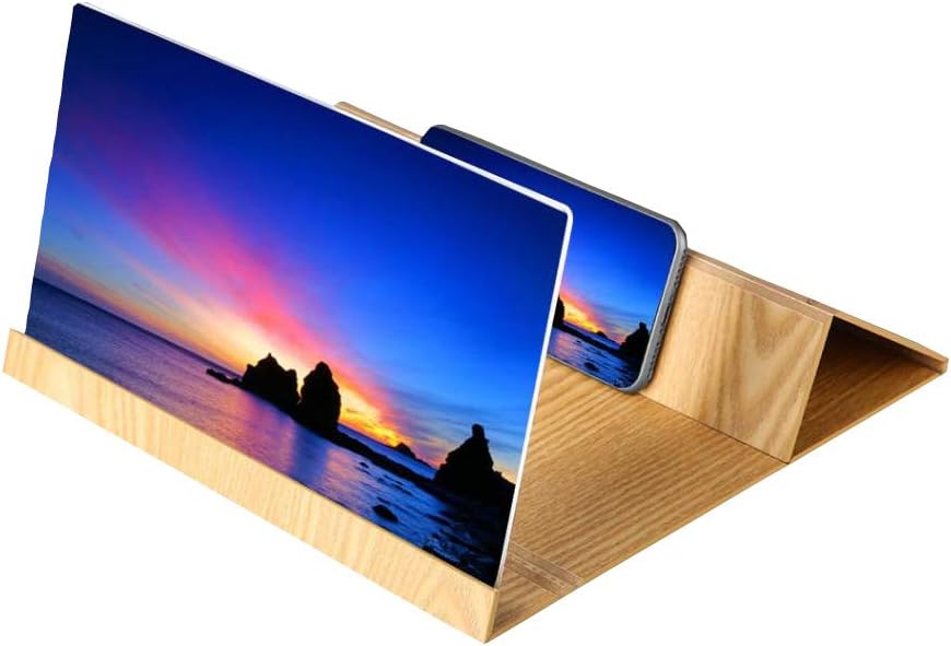 Screen Magnifier, Leagway 3D HD Mobile Phone Screen Enlarger Movie Video Amplifier with Foldable Holder Stand 12 Inch Desktop Wood Bracket Compatible with iPhone, Samsung and All Smartphones (Gold)