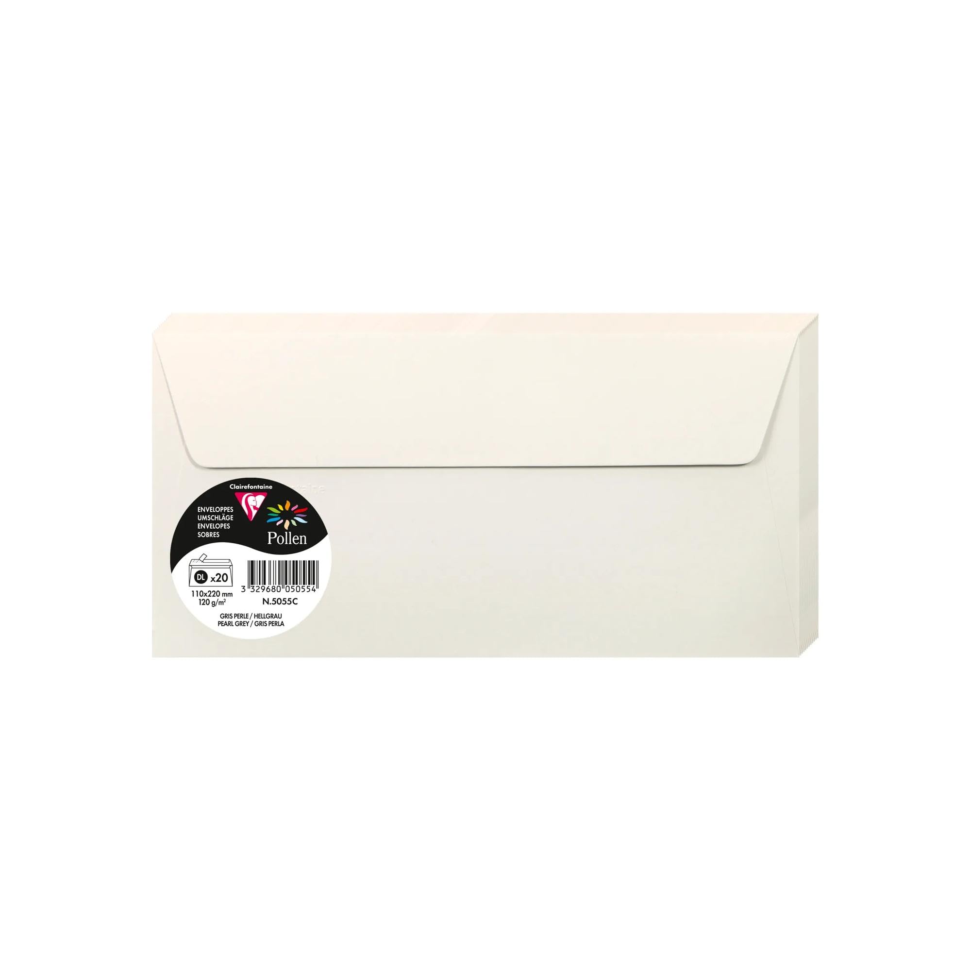 Clairefontaine 5055C Pack of 20 Self-Adhesive Envelopes Format DL 11x22cm 120gsm Colour Pearl Grey Invitation Events Correspondence Pollen Range Premium Paper — image 1