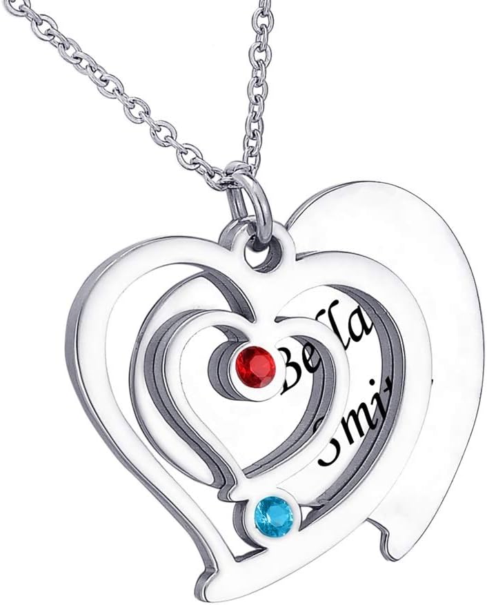 HooAMI Love Hearts Pendant Personalized Friendship Family Necklace with Birthstones - Couples Necklaces - Custom Made with Any Names