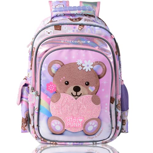Girls Backpack 16 Inch Kids Backpacks for Girls Cute Bear Backpack for Girls Kawaii Light Pink Backpack for Preschool Kindergarten Elementary Large Capacity