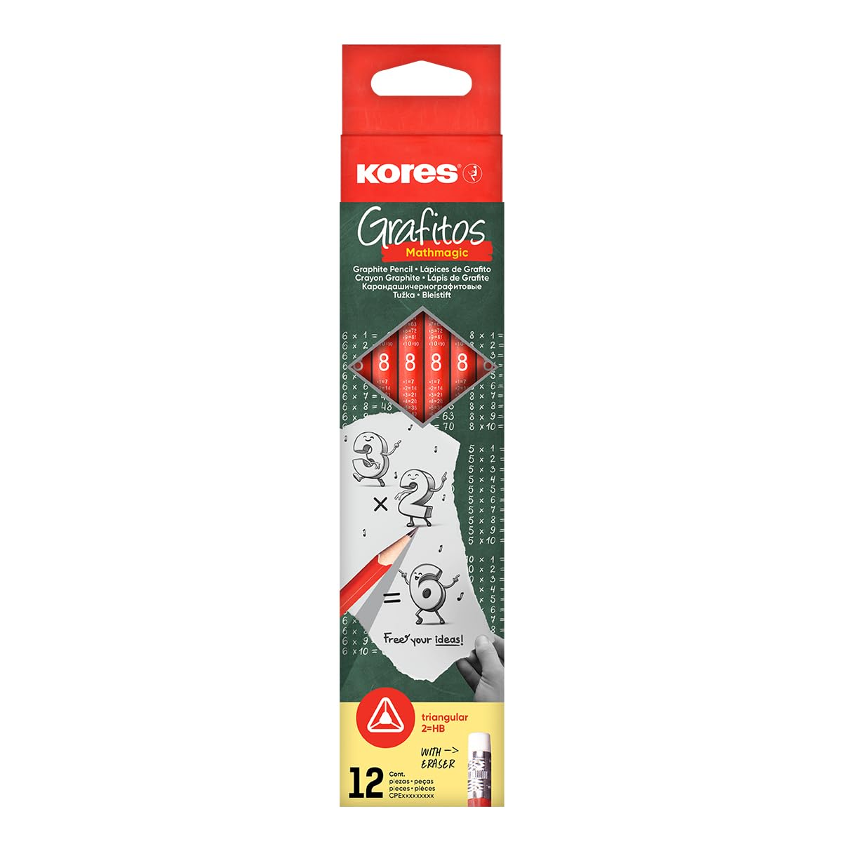 Kores - HB Graphite Pencils - Mathmagic Style with Soft Lead, Eraser Tip and Multiplication Table - Triangular Shape - Back to School Supplies, School Pencils - Pack of 12
