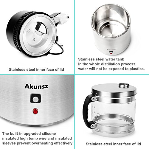 Water Distiller Countertop AKUNSZ 750W 4L Stainless Steel Water Distiller for Home with Glass Container [Security Upgraded Version] - Thumbnail 3