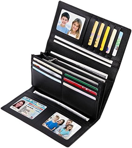 Women RFID Blocking Real Leather Trifold Wallet - Clutch Checkbook Wallet for Women - Shield Against Identity Theft (Long black)