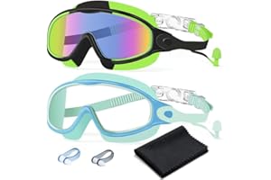 Swim Goggles 2 Pack Anti-Fog Anti-UV Wide View No Leakage Swimming Goggles for Kids 3-15 with Earplugs